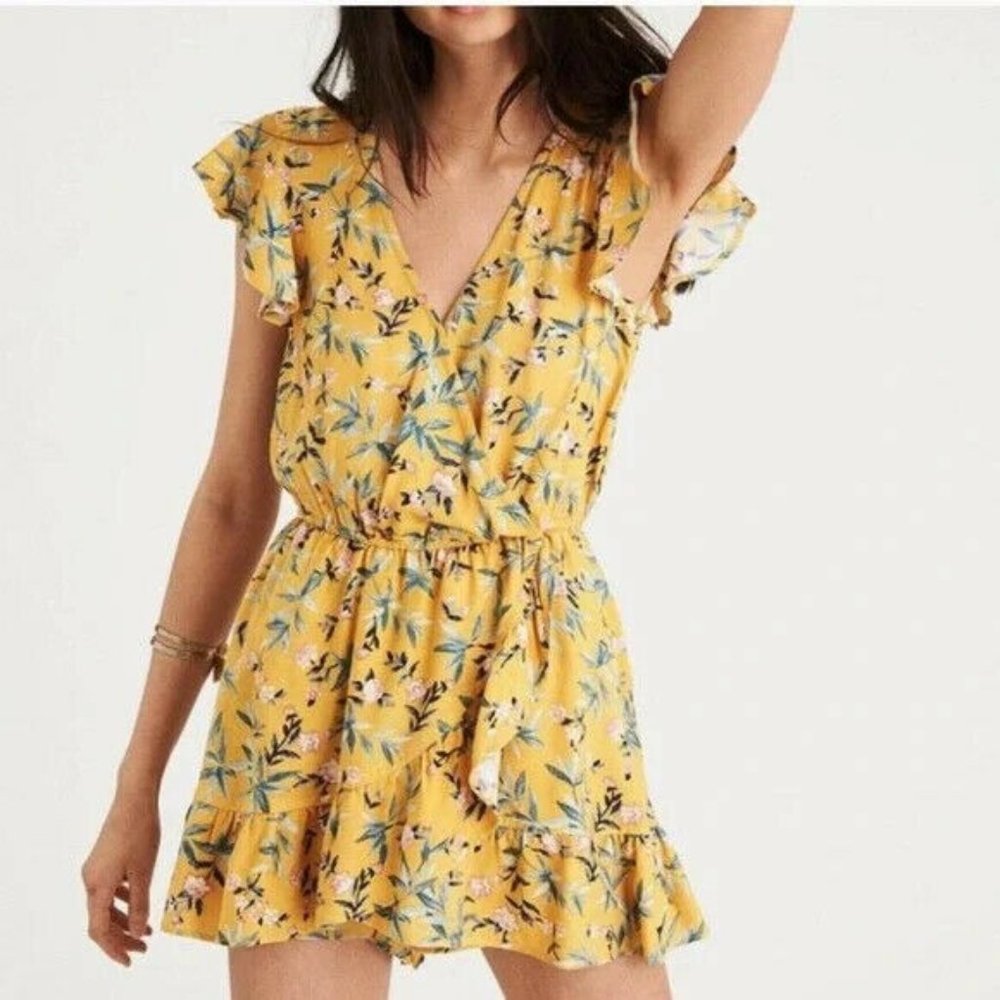 American Eagle yellow floral romper dress vneck summer size XL